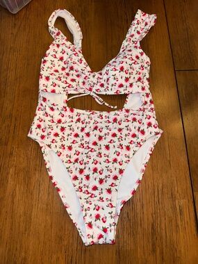 Xhilaration White One-Piece Swimsuit with Pink Rose Print and Waist Cutout